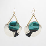 Santa Fe Zuni Inlaid Turquoise Onyx Sterling Silver Gold Wire Drop Earrings