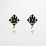 Archival Mother of Pearl Onxy Checkerboard Verushka Pearl Drop Stud