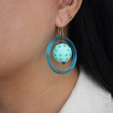 80s Turquoise Dotted Resin & Glass Hoop Drop Earrings