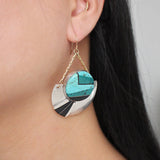 Santa Fe Zuni Inlaid Turquoise Onyx Sterling Silver Gold Wire Drop Earrings