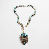 Vintage Floral Filigree Charm on Handknotted Amazonite Beaded Necklace