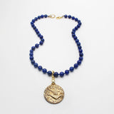 Vintage Gold Vermeille 'Veni Creat Spiritus' Dove Medallion Charm on Beaded Lapis Necklace