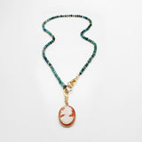 Vintage Handknotted Turquoise Beaded Carved Cameo Necklace