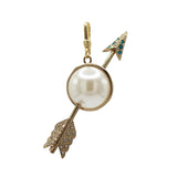 Zodiacs Sagittarius Golden Arrow Charm with Large Glass Pearl and Emerald Colored Crystals