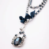 Elizabeth Navy Silk Grey Glass Pearl Necklace & Sapphire Glass Charm Pairing